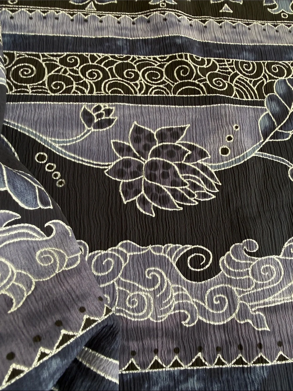 Vintage 1980s Crinkle Crepe Fabric Asian Floral Stripe Black Blue 3 1/3 Yds